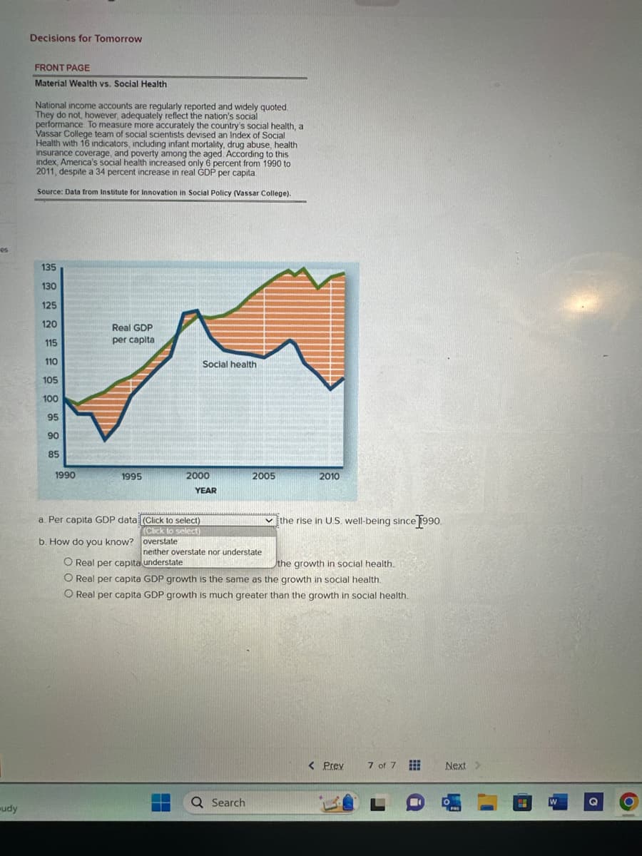 es
udy
Decisions for Tomorrow
FRONT PAGE
Material Wealth vs. Social Health
National income accounts are regularly reported and widely quoted.
They do not, however, adequately reflect the nation's social
performance. To measure more accurately the country's social health, a
Vassar College team of social scientists devised an Index of Social
Health with 16 indicators, including infant mortality, drug abuse, health
insurance coverage, and poverty among the aged. According to this
index, America's social health increased only 6 percent from 1990 to
2011, despite a 34 percent increase in real GDP per capita
Source: Data from Institute for Innovation in Social Policy (Vassar College).
135
130
125
120
115
110
105
100
95
90
85
1990
Real GDP
per capita
TEKANA NEU
1995
a. Per capita GDP data
b. How do you know?
Social health
2000
YEAR
2005
(Click to select)
(Click to select)
overstate
neither overstate nor understate
Q Search
2010
✓the rise in U.S. well-being since 1990
O Real per capita understate
the growth in social health.
Real per capita GDP growth is the same as the growth in social health.
O Real per capita GDP growth is much greater than the growth in social health.
< Prev
7 of 7 #
Next >
O
PRE
W
G
6