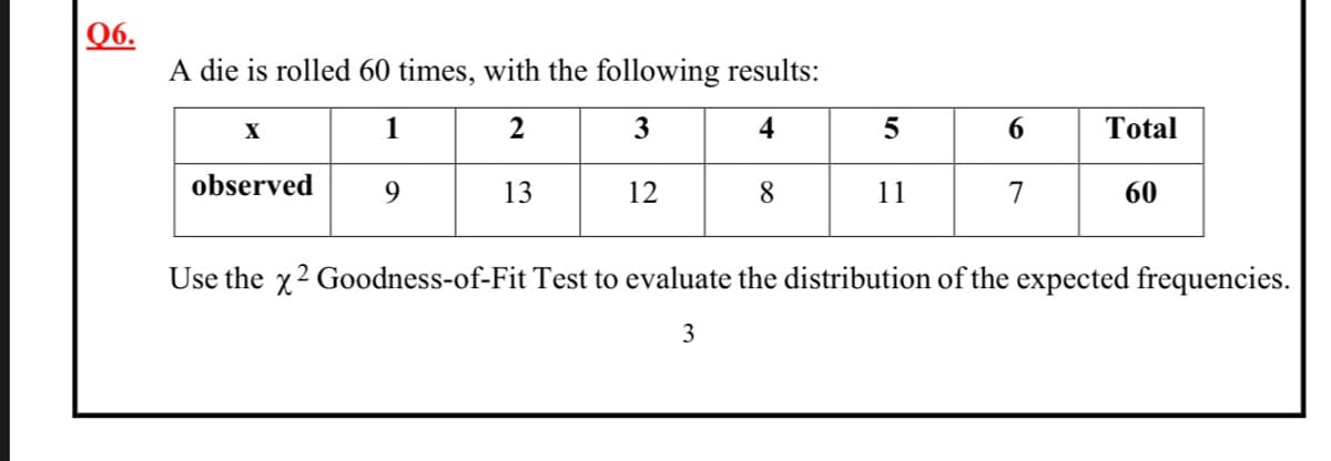 Q6.
A die is rolled 60 times, with the following results:
X
1
3
4
6.
Total
observed
9.
13
12
8.
11
7
60
Use the x2 Goodness-of-Fit Test to evaluate the distribution of the expected frequencies.
3
