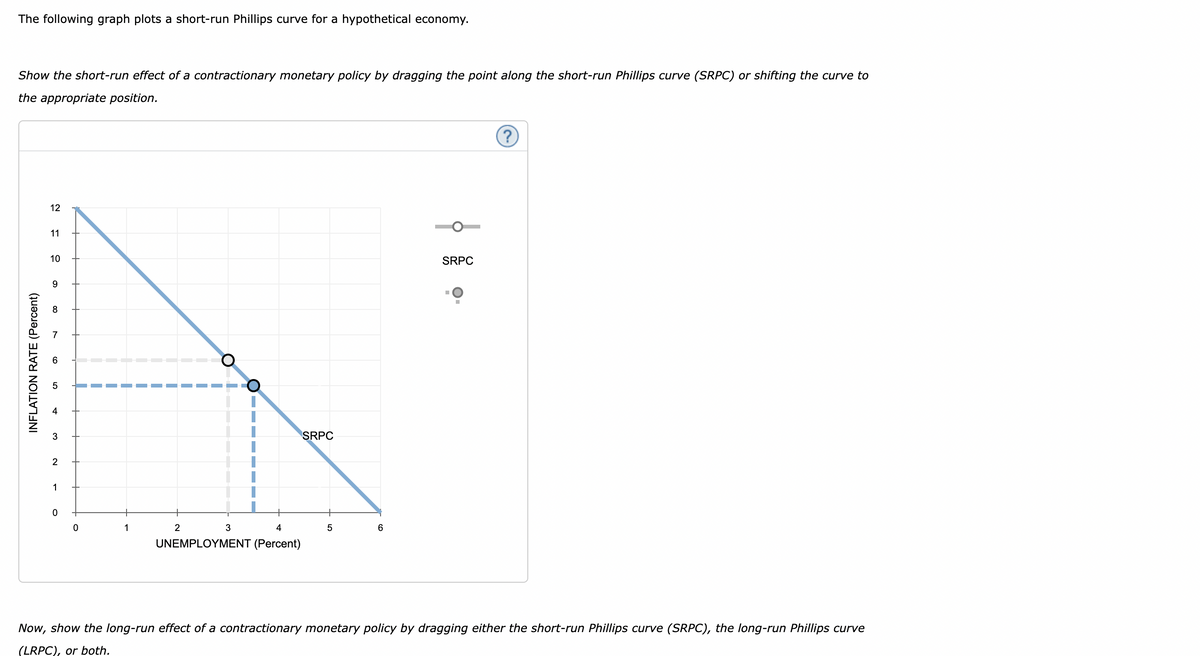 The following graph plots a short-run Phillips curve for a hypothetical economy.
Show the short-run effect of a contractionary monetary policy by dragging the point along the short-run Phillips curve (SRPC) or shifting the curve to
the appropriate position.
INFLATION RATE (Percent)
12
11
10
9
8
co
01
3
2
1
O
1
2
O
3
4
UNEMPLOYMENT (Percent)
O
SRPC
5
6
SRPC
?
Now, show the long-run effect of a contractionary monetary policy by dragging either the short-run Phillips curve (SRPC), the long-run Phillips curve
(LRPC), or both.