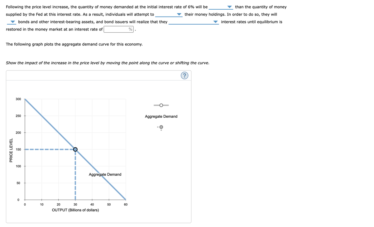 Following the price level increase, the quantity of money demanded at the initial interest rate of 6% will be
supplied by the Fed at this interest rate. As a result, individuals will attempt to
bonds and other interest-bearing assets, and bond issuers will realize that they
restored in the money market at an interest rate of
%
The following graph plots the aggregate demand curve for this economy.
Show the impact of the increase in the price level by moving the point along the curve or shifting the curve.
PRICE LEVEL
300
250
200
150
100
50
0
0
10
Aggregate Demand
20
30
40
OUTPUT (Billions of dollars)
50
60
than the quantity of money
their money holdings. In order to do so, they will
interest rates until equilibrium is
Aggregate Demand
(?)