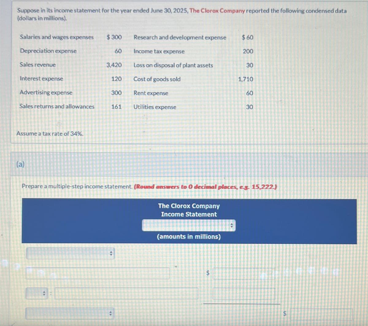 Suppose in its income statement for the year ended June 30, 2025, The Clorox Company reported the following condensed data
(dollars in millions).
Salaries and wages expenses
Depreciation expense
Sales revenue
Interest expense
Advertising expense
Sales returns and allowances
Assume a tax rate of 34%.
(a)
$ 300
60
3,420
120
300
161
Research and development expense
Income tax expense
Loss on disposal of plant assets
Cost of goods sold
Rent expense
Utilities expense
The Clorox Company
Income Statement
(amounts in millions)
$60
$
200
30
1,710
Prepare a multiple-step income statement. (Round answers to 0 decimal places, eg. 15,222)
60
30
$