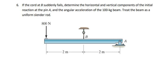 6. If the cord at B suddenly fails, determine the horizontal and vertical components of the initial
reaction at the pin A, and the angular acceleration of the 100-kg beam. Treat the beam as a
uniform slender rod.
800 N
A
-2 m
2 m
fo
