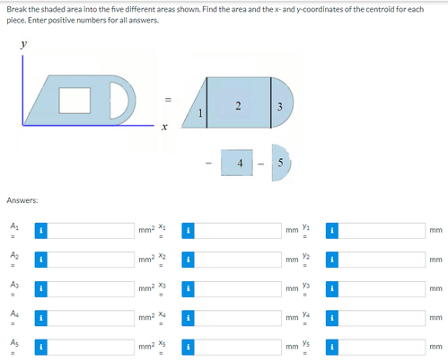 Break the shaded area into the five different areas shown. Find the area and the x- and y-coordinates of the centroid for each
piece. Enter positive numbers for all answers.
y
Answers:
A₁
i
i
CD:
mm2 X₂
mm² X₂
mm² X₂
mm² X₂
=
mm2 xs
i
i
i
1
a
4
3
5
mm.
mm
mm
mm
mm
V₁
V₂
Y3
mm
mm
mm
mm
mm