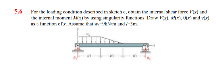 5.6
For the loading condition described in sketch c, obtain the internal shear force V(x) and
the internal moment M(x) by using singularity functions. Draw V(x), M(x), 0(x) and y(x)
as a function of x. Assume that wo-9kN/m and l=3m.
