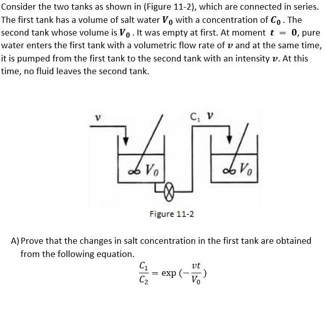 Consider the two tanks as shown in (Figure 11-2), which are connected in series.
The first tank has a volume of salt water Vo with a concentration of Co . The
second tank whose volume is Vo . It was empty at first. At moment t = 0, pure
water enters the first tank with a volumetric flow rate of v and at the same time,
it is pumped from the first tank to the second tank with an intensity v. At this
time, no fluid leaves the second tank.
C, v
o Vo
b Vo
Figure 11-2
A) Prove that the changes in salt concentration in the first tank are obtained
from the following equation.
vt
= exp
C2
Vo
