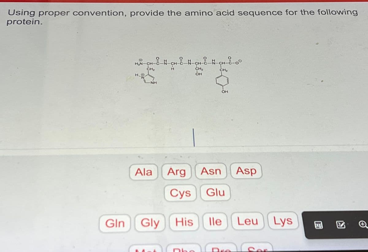 Using proper convention, provide the amino acid sequence for the following
protein.
H₂N-CH-C-_Ñ_ỌH-8_Ñ_ỌH-C-N-OH-&
н
CH₂
-NH
H
Gin Gly
CH₂
OH
CH₂
Ala Arg Asn Asp
Cys Glu
OH
Dhe
His lle Leu Lys