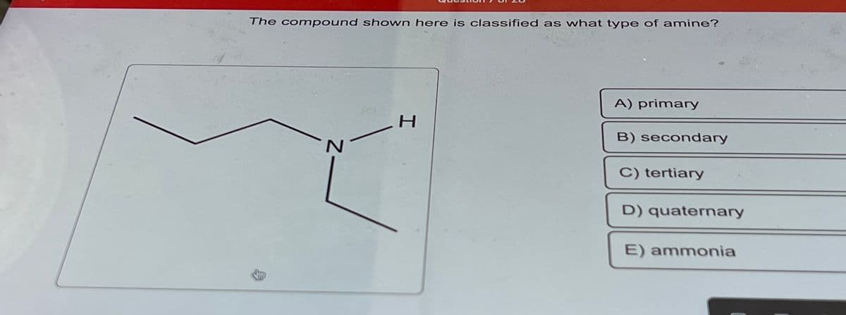 The compound shown here is classified as what type of amine?
N
H
A) primary
B) secondary
C) tertiary
D) quaternary
E) ammonia