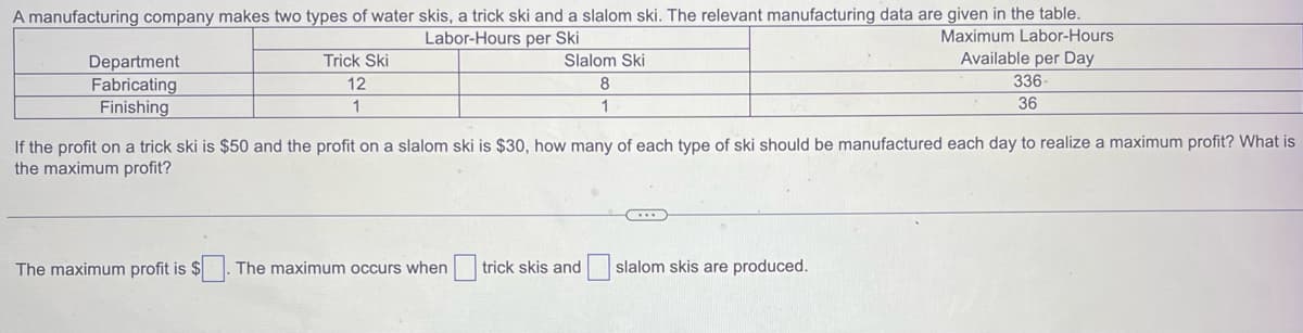 A manufacturing company makes two types of water skis, a trick ski and a slalom ski. The relevant manufacturing data are given in the table.
Labor-Hours per Ski
Maximum Labor-Hours
Available per Day
336-
36
Department
Fabricating
Finishing
Trick Ski
12
1
Slalom Ski
8
1
If the profit on a trick ski is $50 and the profit on a slalom ski is $30, how many of each type of ski should be manufactured each day to realize a maximum profit? What is
the maximum profit?
The maximum profit is $ The maximum occurs when trick skis and
C...
slalom skis are produced.