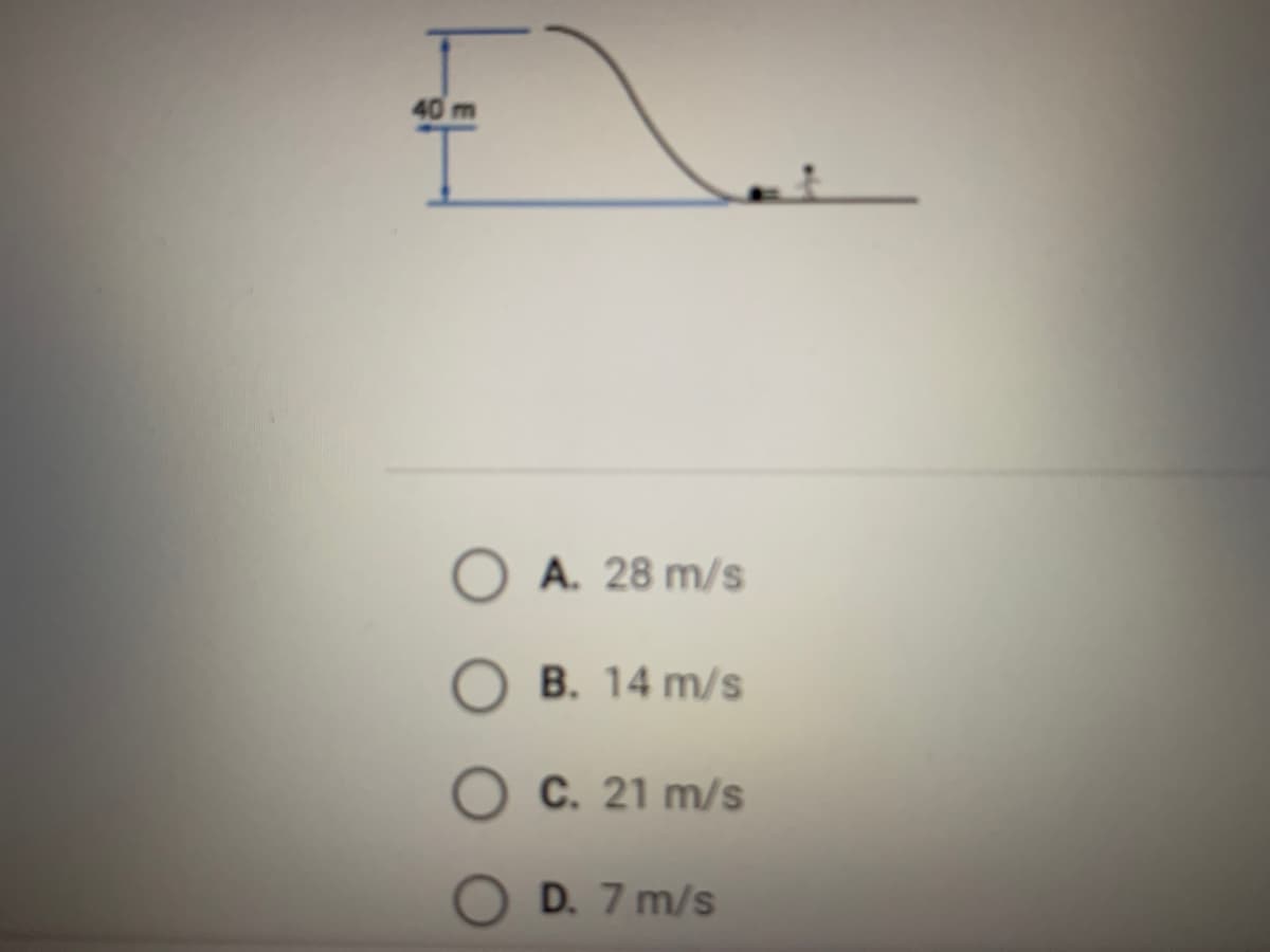 40 m
A. 28 m/s
B. 14 m/s
C. 21 m/s
D. 7 m/s
