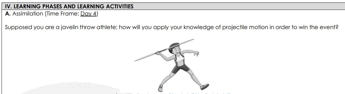 IV. LEARNING PHASES AND LEARNING ACTIVITIES
A. Assimilation (Time Frame: Day 4)
Supposed you are a javelin throw athlete; how will you apply your knowledge of projectile motion in order to win the event?
