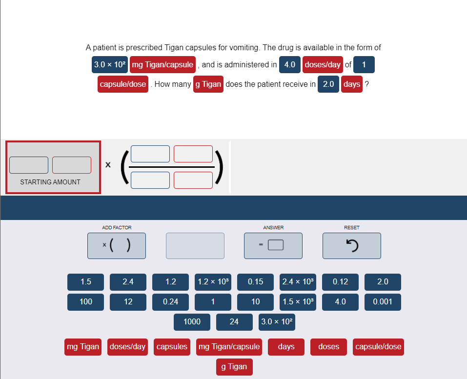 A patient is prescribed Tigan capsules for vomiting. The drug is available in the form of
3.0 x 102 mg Tigan/capsule , and is administered in 4.0 doses/day of 1
capsule/dose . How many g Tigan does the patient receive in 2.0 days ?
STARTING AMOUNT
ADD FACTOR
ANSWER
RESET
*( )
1.5
2.4
1.2
1.2 x 103
0.15
2.4 x 103
0.12
2.0
100
12
0.24
1
10
1.5 x 103
4.0
0.001
1000
24
3.0 x 102
mg Tigan doses/day capsules mg Tigan/capsule
days
doses
capsule/dose
g Tigan
