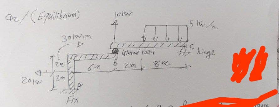 Gz/ (Equilibrium)
20kw
30tw.m
P
2n
2M
LA
(1)
Fix
lokw
6m
l
UL
B
t
internal roller
2m 8m
C
5kw/m
717
hinge
#
rau ro