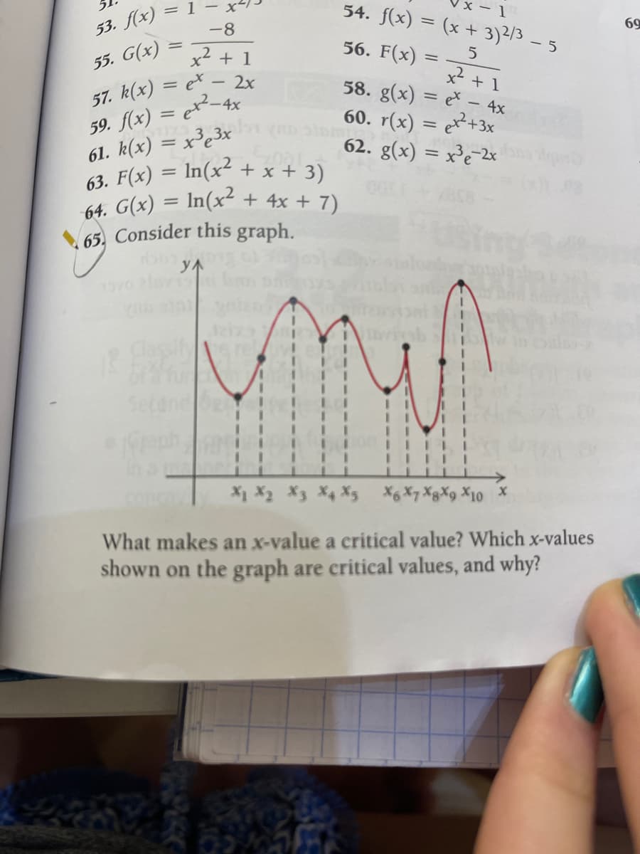 53. f(x) = 1
=
55. G(x):
x²
-8
x² + 1
57. k(x) = ex- 2x
59. f(x) = ex²-4x
61. k(x) = x³³x
xe
63. F(x) = ln(x²
+ x + 3)
64. G(x) = ln(x² + 4x + 7)
65. Consider this graph.
ул
Second Og
54. f(x) = (x + 3)2/3 - 5
56. F(x) = 5
=
x² + 1
58. g(x) = ex - 4x
60. r(x) = x²+3x
62. g(x) = x³e-2x
I
X1 X₂ X3 X4 X5 X6 X7Xq X9 X10 X
What makes an x-value a critical value? Which x-values
shown on the graph are critical values, and why?
69