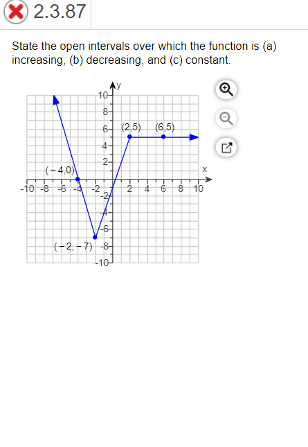 X 2.3.87
State the open intervals over which the function is (a)
increasing, (b) decreasing, and (c) constant.
Ay
10-
8-
6-
(2,5)
(6,5)
4-
2-
(-4,0)
-10 -8
-6 -4
-2
8 10
A-
(+2,-7) -어
10
