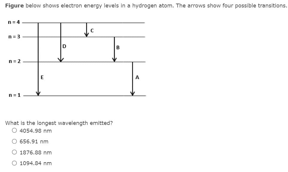 Figure below shows electron energy levels in a hydrogen atom. The arrows show four possible transitions.
n = 4
n = 3
n= 2
A
n = 1
What is the longest wavelength emitted?
O 4054.98 nm
O 656.91 nm
O 1876.88 nm
O 1094.84 nm
