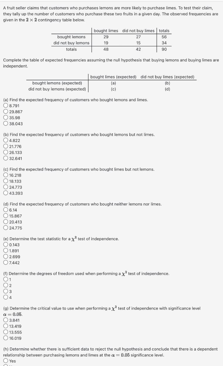 A fruit seller claims that customers who purchases lemons are more likely to purchase limes. To test their claim,
they tally up the number of customers who purchase these two fruits in a given day. The observed frequencies are
given in the 2 x 2 contingency table below.
29.867
35.98
38.043
Complete the table of expected frequencies assuming the null hypothesis that buying lemons and buying limes are
independent.
bought lemons
did not buy lemons
totals
18.133
24.773
43.393
bought limes did not buy limes totals
27
56
15
34
42
90
bought lemons (expected)
did not buy lemons (expected)
29
19
48
(a) Find the expected frequency of customers who bought lemons and limes.
8.791
bought limes (expected) did not buy limes (expected)
(b)
(d)
(b) Find the expected frequency of customers who bought lemons but not limes.
4.822
21.776
26.133
32.641
1
2
(3 3
4
(a)
(c)
(c) Find the expected frequency of customers who bought limes but not lemons.
16.218
3.841
13.419
13.555
16.019
(d) Find the expected frequency of customers who bought neither lemons nor limes.
O 6.14
15.867
20.413
O24.775
(e) Determine the test statistic for a x² test of independence.
0.143
1.891
2.699
7.442
(f) Determine the degrees of freedom used when performing a x² test of independence.
(g) Determine the critical value to use when performing a X² test of independence with significance level
a = 0.05.
(h) Determine whether there is sufficient data to reject the null hypothesis and conclude that there is a dependent
relationship between purchasing lemons and limes at the a= 0.05 significance level.
Yes