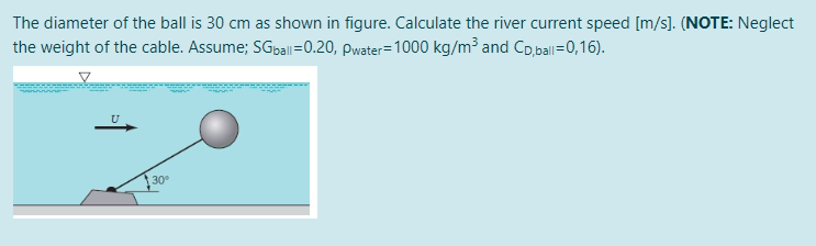 The diameter of the ball is 30 cm as shown in figure. Calculate the river current speed [m/s). (NOTE: Neglect
the weight of the cable. Assume; SGpall=0.20, pwater=1000 kg/m³ and Cp,ball=0,16).
U
30°
