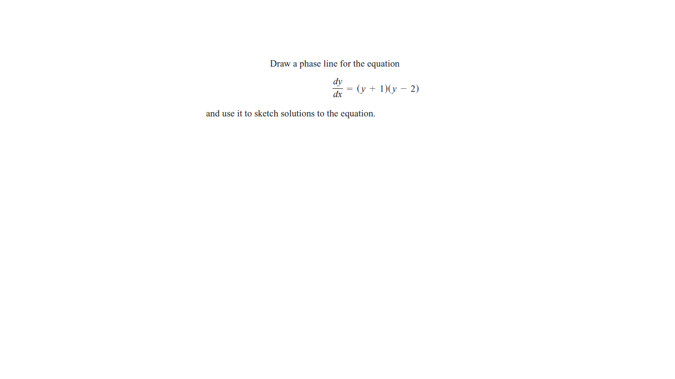 Draw a phase line for the equation
dy
= (y + 1)(y – 2)
dx
and use it to sketch solutions to the equation.
