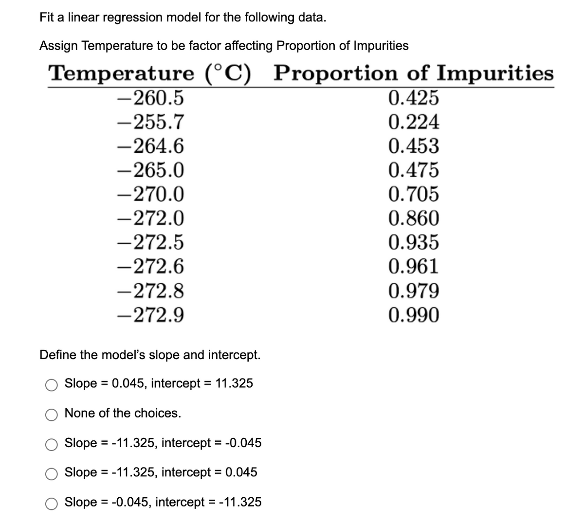 Fit a linear regression model for the following data.
Assign Temperature to be factor affecting Proportion of Impurities
Temperature (°C) Proportion of Impurities
-260.5
0.425
-255.7
0.224
-264.6
0.453
-265.0
0.475
-270.0
0.705
-272.0
0.860
-272.5
0.935
-272.6
0.961
-272.8
0.979
- 272.9
0.990
Define the model's slope and intercept.
Slope = 0.045, intercept = 11.325
None of the choices.
Slope = -11.325, intercept = -0.045
Slope = -11.325, intercept = 0.045
Slope = -0.045, intercept = -11.325