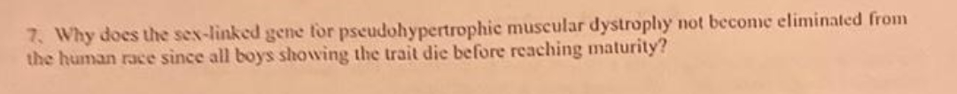 7. Why does the sex-linked gene for pseudohypertrophic muscular dystrophy not beconme eliminated from
the human race since all boys showing the trait die before reaching maturity?

