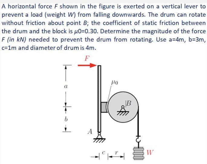 A horizontal force F shown in the figure is exerted on a vertical lever to
prevent a load (weight W) from falling downwards. The drum can rotate
without friction about point B; the coefficient of static friction between
the drum and the block is µ0=0.30. Determine the magnitude of the force
F (in kN) needed to prevent the drum from rotating. Use a=4m, b=3m,
c=1m and diameter of drum is 4m.
F
a
Orf
B
A
W
