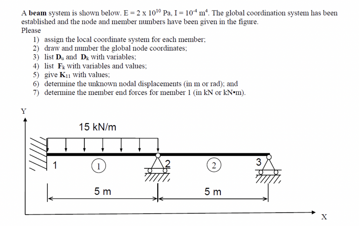 A beam system is shown below. E = 2 x 10¹⁰ Pa, I = 104 m². The global coordination system has been
established and the node and member numbers have been given in the figure.
Please
1) assign the local coordinate system for each member;
2) draw and number the global node coordinates;
3) list Du and Dk with variables;
4) list Fk with variables and values;
5) give K₁1 with values;
6) determine the unknown nodal displacements (in m or rad); and
7) determine the member end forces for member 1 (in kN or kN•m).
Y
15 kN/m
3
1
2
5m
5 m
1
k
X
