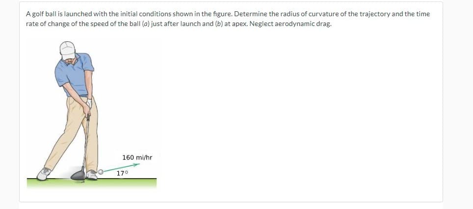 A golf ball is launched with the initial conditions shown in the figure. Determine the radius of curvature of the trajectory and the time
rate of change of the speed of the ball (a) just after launch and (b) at apex. Neglect aerodynamic drag.
160 mi/hr
170
