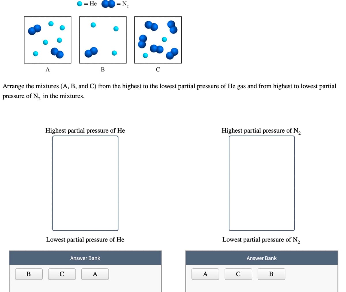 = He
= N,
A
В
Arrange the mixtures (A, B, and C) from the highest to the lowest partial pressure of He gas and from highest to lowest partial
pressure of N, in the mixtures.
Highest partial pressure of He
Highest partial pressure of N2
Lowest partial pressure of He
Lowest partial pressure of N2
Answer Bank
Answer Bank
A
А
C
В
