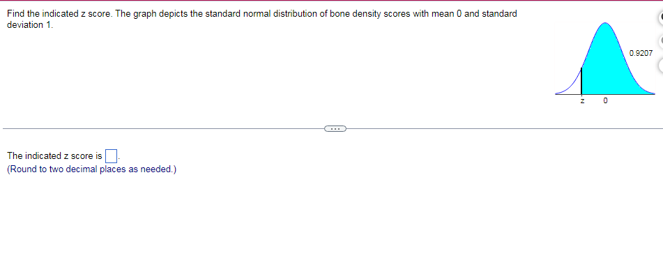 Find the indicated z score. The graph depicts the standard normal distribution of bone density scores with mean 0 and standard
deviation 1.
0.9207
...
The indicated z score is
(Round to two decimal places as needed.)
