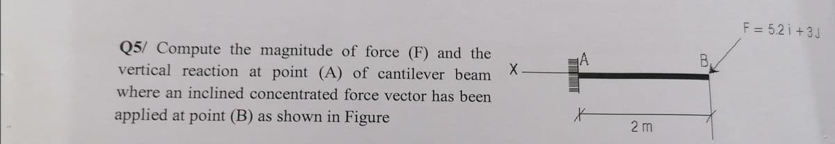 F = 5.2 i + 3J
Q5/ Compute the magnitude of force (F) and the
vertical reaction at point (A) of cantilever beam
where an inclined concentrated force vector has been
applied at point (B) as shown in Figure
2 m
