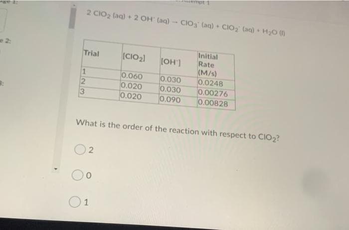 empt 1
2 CIO2 (aq) + 2 OH (aq)- CIO3 (aq) + CIO2 (aq) H2O
2:
Initial
Rate
(M/s)
0.0248
0.00276
0.00828
Trial
[CIO21
0.060
0.020
0.020
0.030
0.030
0.090
What is the order of the reaction with respect to CIO2?
1
23
