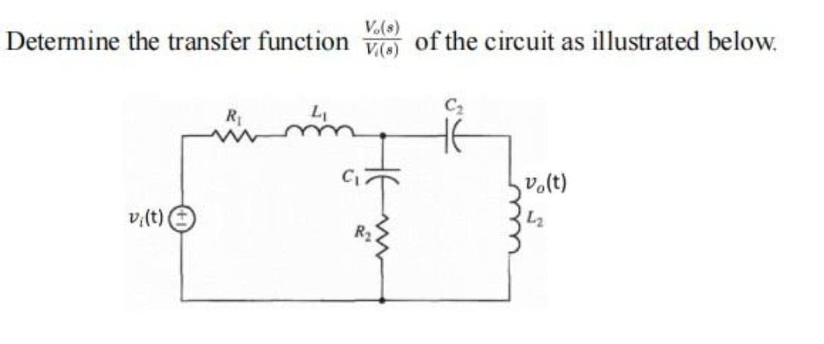 V.(s)
Determine the transfer function o of the circuit as illustrated below.
C2
in
R
volt)
L2
v,(t)
R2
