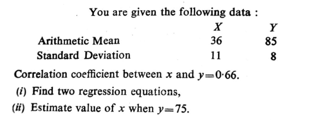 You are given the following data :
X
Y
Arithmetic Mean
36
85
Standard Deviation
11
8
Correlation coefficient between x and y=0-66.
(i) Find two regression equations,
(ü) Estimate value of x when y=75.
