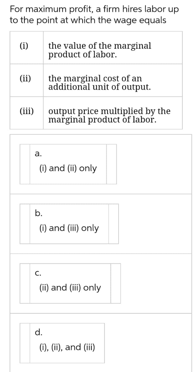 For maximum profit, a firm hires labor up
to the point at which the wage equals
(i)
(ii)
(iii)
the value of the marginal
product of labor.
the marginal cost of an
additional unit of output.
output price multiplied by the
marginal product of labor.
a.
(i) and (ii) only
b.
(i) and (iii) only
C.
(ii) and (iii) only
d.
(i), (ii), and (iii)