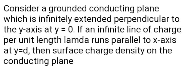 Consider a grounded conducting plane
which is infinitely extended perpendicular to
the y-axis at y = 0. If an infinite line of charge
per unit length lamda runs parallel to x-axis
at y=d, then surface charge density on the
conducting plane
