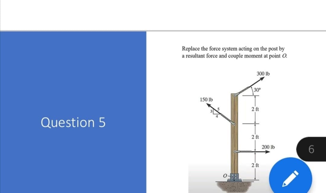 Replace the force system acting on the post by
a resultant force and couple moment at point O.
300 lb
30°
150 lb
2 ft
Question 5
2 ft
200 lb
2 ft
