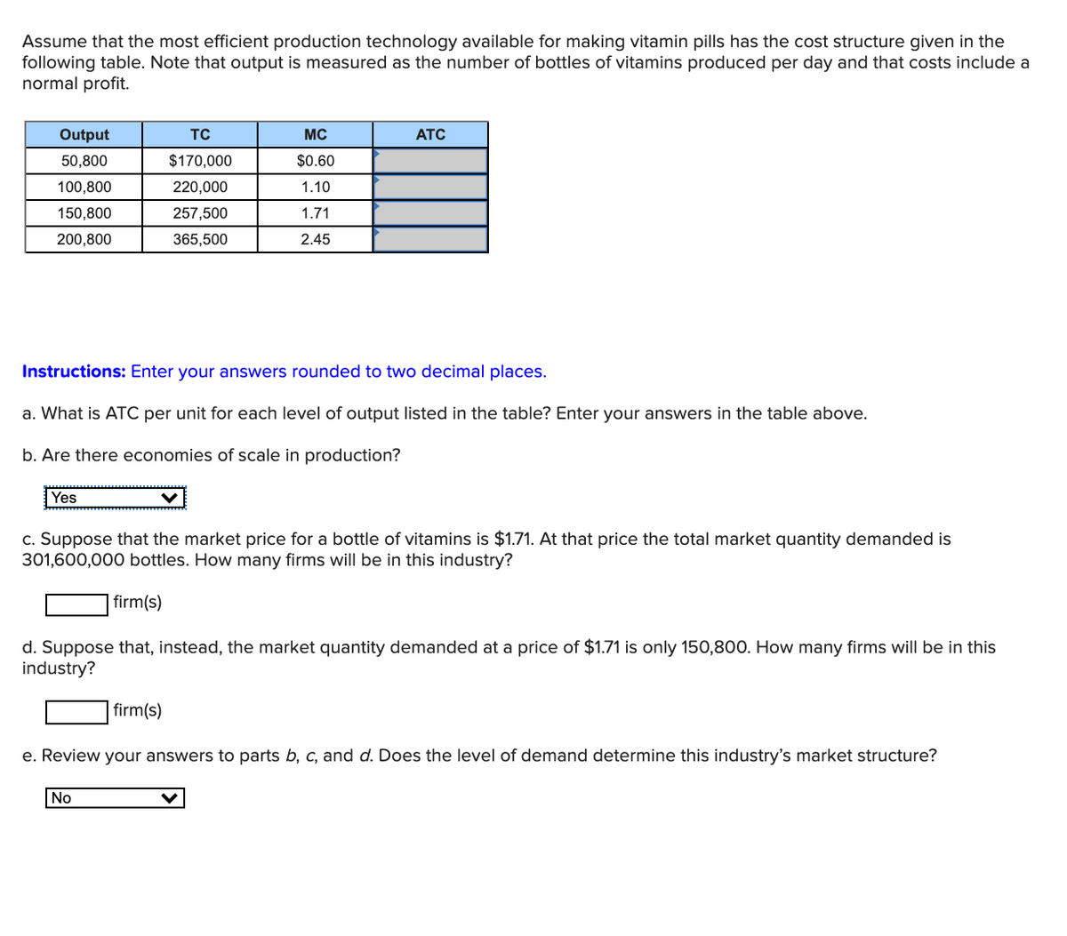 Assume that the most efficient production technology available for making vitamin pills has the cost structure given in the
following table. Note that output is measured as the number of bottles of vitamins produced per day and that costs include a
normal profit.
Output
TC
MC
ATC
50,800
$170,000
$0.60
100,800
220,000
1.10
150,800
257,500
1.71
200,800
365,500
2.45
Instructions: Enter your answers rounded to two decimal places.
a. What is ATC per unit for each level of output listed in the table? Enter your answers in the table above.
b. Are there economies of scale in production?
Yes
c. Suppose that the market price for a bottle of vitamins is $1.71. At that price the total market quantity demanded is
301,600,000 bottles. How many firms will be in this industry?
firm(s)
d. Suppose that, instead, the market quantity demanded at a price of $1.71 is only 150,800. How many firms will be in this
industry?
firm(s)
e. Review your answers to parts b, c, and d. Does the level of demand determine this industry's market structure?
No
