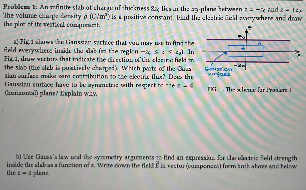 Problem 1: An infinite slab of charge of thickness 2zo lies in the xy-plane between z = -zo and z = +20.
The volume charge density p (C/m³) is a positive constant. Find the electric field everywhere and draw
the plot of its vertical component.
a) Fig.1 shows the Gaussian surface that you may use to find the
field everywhere inside the slab (in the region -zo ≤ z ≤ zo). In
Fig.1, draw vectors that indicate the direction of the electric field in
the slab (the slab is positively charged). Which parts of the Gaus-
sian surface make zero contribution to the electric flux? Does the
Gaussian surface have to be symmetric with respect to the z = 0
(horizontal) plane? Explain why.
Gaussian
surface
78
Zo
Z
- 201
A
FIG. 1: The scheme for Problem 1
b) Use Gauss's law and the symmetry arguments to find an expression for the electric field strength
inside the slab as a function of z. Write down the field E in vector (component) form both above and below
the z = 0 plane.