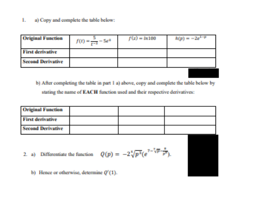 1. a) Copy and complete the table below:
Original Function
First derivative
Second Derivative
f(t) = -5°
Original Function
First derivative
Second Derivative
fG)-100
b) After completing the table in part 1 a) above, copy and complete the table below by
stating the name of EACH function used and their respective derivatives:
h(p)--2³-p
2. a) Differentiate the function Q(p) = -2√/p³(e
b) Hence or otherwise, determine Q'(1).