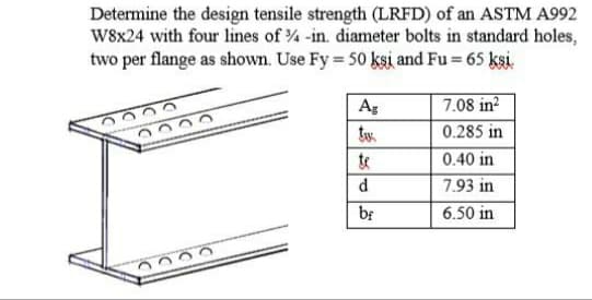 Determine the design tensile strength (LRFD) of an ASTM A992
W8x24 with four lines of -in. diameter bolts in standard holes,
two per flange as shown. Use Fy = 50 ksi and Fu = 65 ksi.
Ag
7.08 in?
0.285 in
te
0.40 in
d
7.93 in
be
6.50 in
