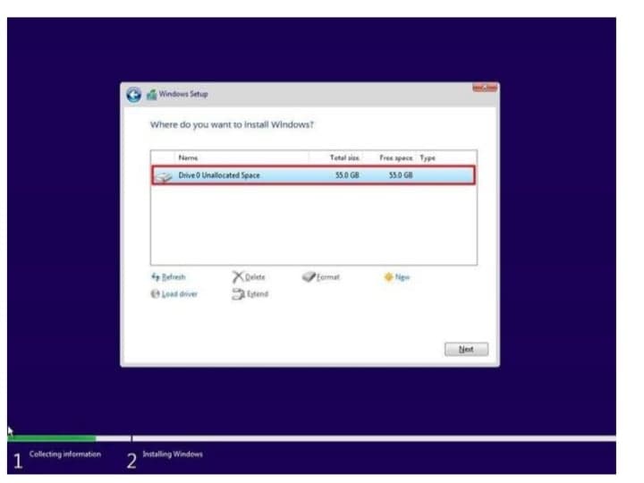 Windows Setup
Where do you want to install Windowst
Tetal siee
Free spece Type
Drive O Unalocated Space
550 GB
55.0 GB
Betresh
Eormat
Olot driver
tend
Net
Collecting information
1
Installing Windows
2
