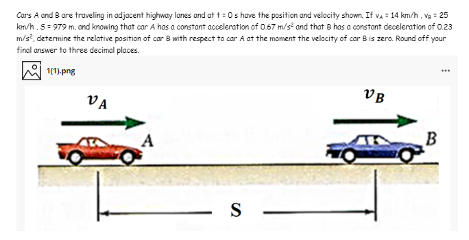 Cars A and B are traveling in adjacent highway lanes and at t = 0s have the position and velocity shown. If va = 14 km/h. vg = 25
km/h. 5 = 979 m, and knowing that car A has a constant acceleration of 0.67 m/s? and that B has a constant deceleration of 0.23
m/s?, determine the relative position of car B with respect to car A at the moment the velocity of car B is zero. Round off your
final answer to three decimal places.
1(1).png
...
VA
VB
S
