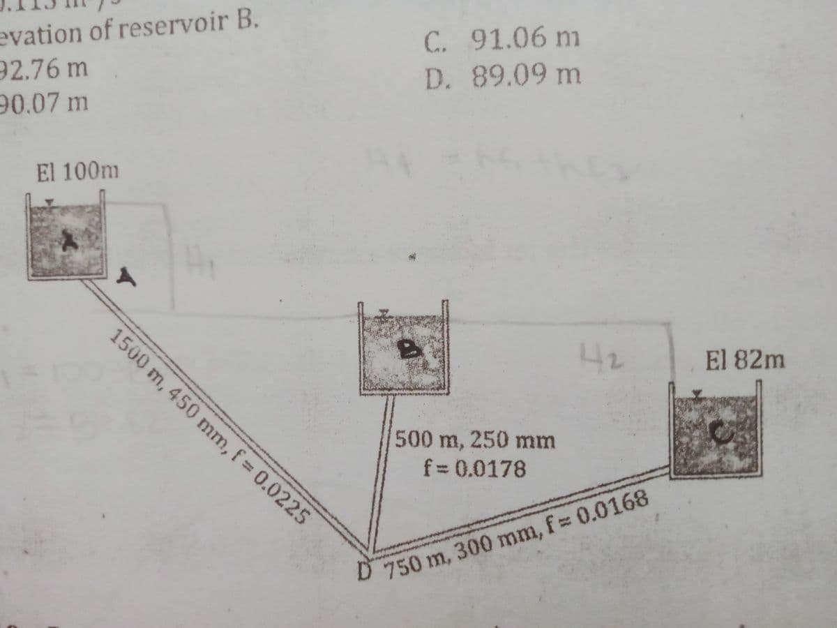 evation of reservoir B.
92.76 m
90.07 m
C. 91.06 m
D. 89.09 m
El 100m
1500 m, 450 mm, f 0.0225
42
El 82m
500m, 250 mm
f=0.0178
D 750 m, 300 mm, f 0.0168
