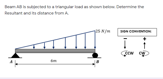 Beam AB is subjected to a triangular load as shown below. Determine the
Resultant and its distance from A.
125 N/m
SIGN CONVENTION:
Ccw cw
бт
B
