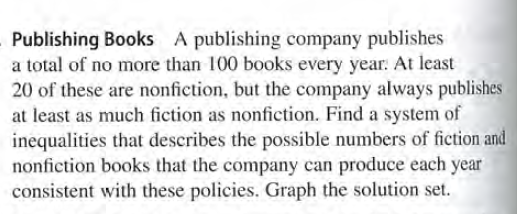 Publishing Books A publishing company publishes
a total of no more than 100 books every year. At least
20 of these are nonfiction, but the company always publishes
at least as much fiction as nonfiction. Find a system of
inequalities that describes the possible numbers of fiction and
nonfiction books that the company can produce each year
consistent with these policies. Graph the solution set.
