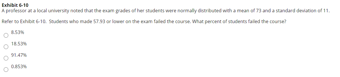 Exhibit 6-10
A professor at a local university noted that the exam grades of her students were normally distributed with a mean of 73 and a standard deviation of 11.
Refer to Exhibit 6-10. Students who made 57.93 or lower on the exam failed the course. What percent of students failed the course?
8.53%
18.53%
91.47%
0.853%
