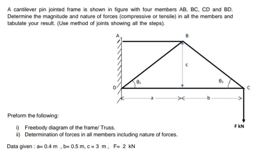 A cantilever pin jointed frame is shown in figure with four members AB, BC, CD and BD.
Determine the magnitude and nature of forces (compressive or tensile) in all the members and
tabulate your result. (Use method of joints showing all the steps).
B
Preform the following:
F kN
i) Freebody diagram of the frame/ Truss.
ii) Determination of forces in all members including nature of forces.
Data given : a= 0.4 m , b= 0.5 m, c = 3 m, F= 2 kN
