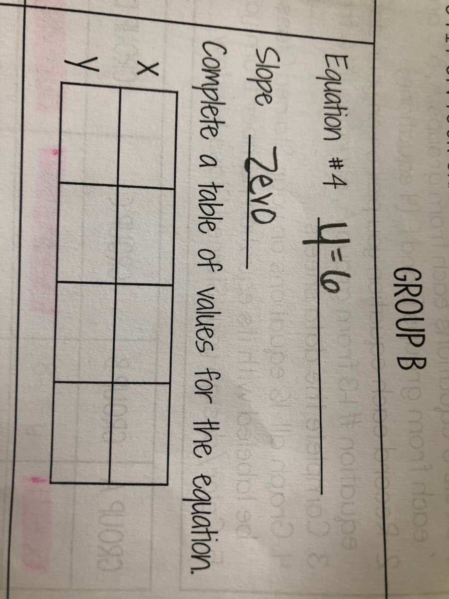 GROUP B mont dooe
Equation #4 4=0
ednao
3 COube
Slope Zevo
Complete a table of values for the equation.
y
