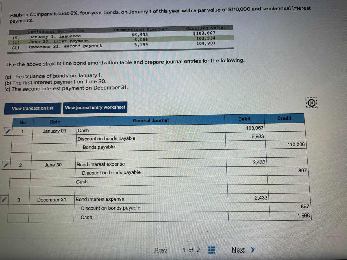 Paulson Company issues 6%, four-year bonds, on January 1 of this year, with a par value of $110,000 and semiannual interest
pаyments.
(0)
(1)
(2)
Semiannual Period-End
January 1, issuance
June 30, first payment
December 31, second payment
Unamortized Discount
$6,933
6,066
5,199
Carrying Value
$103,067
103,934
104,801
Use the above straight-line bond amortization table and prepare journal entries for the following.
(a) The issuance of bonds on January 1.
(b) The first interest payment on June 30.
(c) The second interest payment on December 31.
View transaction list
View journal entry worksheet
General Journal
Debit
Credit
No
Date
January 01
Cash
103,067
1
6,933
Discount on bonds payable
110,000
Bonds payable
June 30
Bond interest expense
2,433
867
Discount on bonds payable
Cash
December 31
Bond interest expense
2,433
867
Discount on bonds payable
Cash
1,566
Prev
1 of 2
Next >
