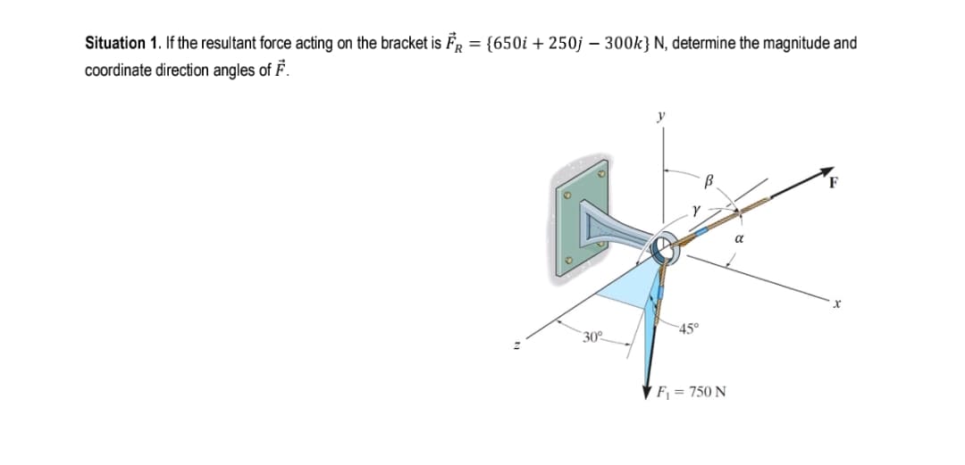 Situation 1. If the resultant force acting on the bracket is Fr = {650i + 250j – 300k} N, determine the magnitude and
coordinate direction angles of F.
B.
a
45°
30º
Fj = 750 N
